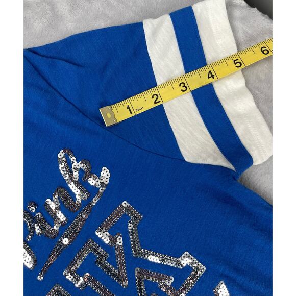 Victory Secret Pink‎ Shirt Women’s Short Sleeve Glitter Blue Jersey Y2K - Picture 8 of 12